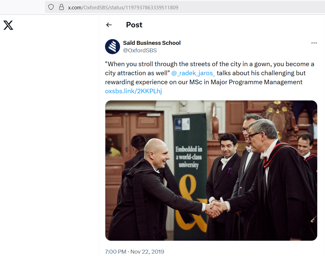 Wzmianka o Radek Jaros na profilu Oxford University – Saïd Business School w serwisie X.